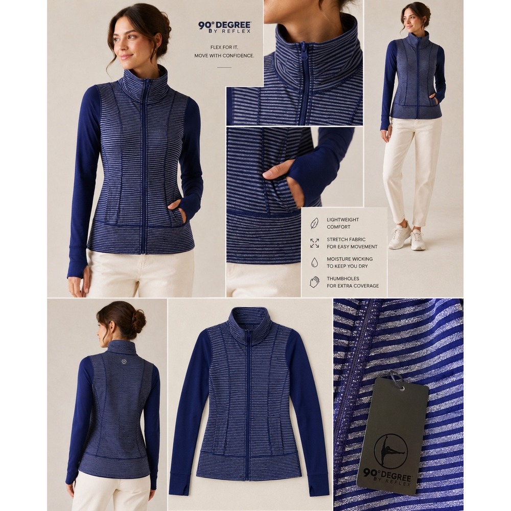 90 Degree by Reflex Women Navy Striped Full Zip Athletic Jacket Thumbholes S NEW